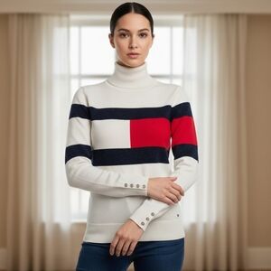 Tommy Hilfiger Women's Preppy White Logo Stripe Turtleneck Sweater Size XS/S
